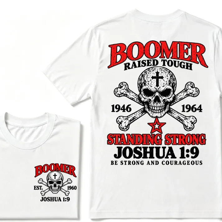 Boomer Raised Tough T-Shirt – 1946–1964 Joshua 1:9 Skull & Cross Graphic Tee