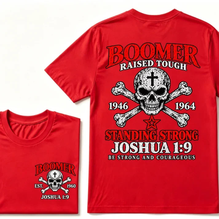 Boomer Raised Tough T-Shirt – 1946–1964 Joshua 1:9 Skull & Cross Graphic Tee