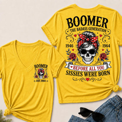 Boomer The Badass Generation – Custom EST. Year Women's V-Neck Tee