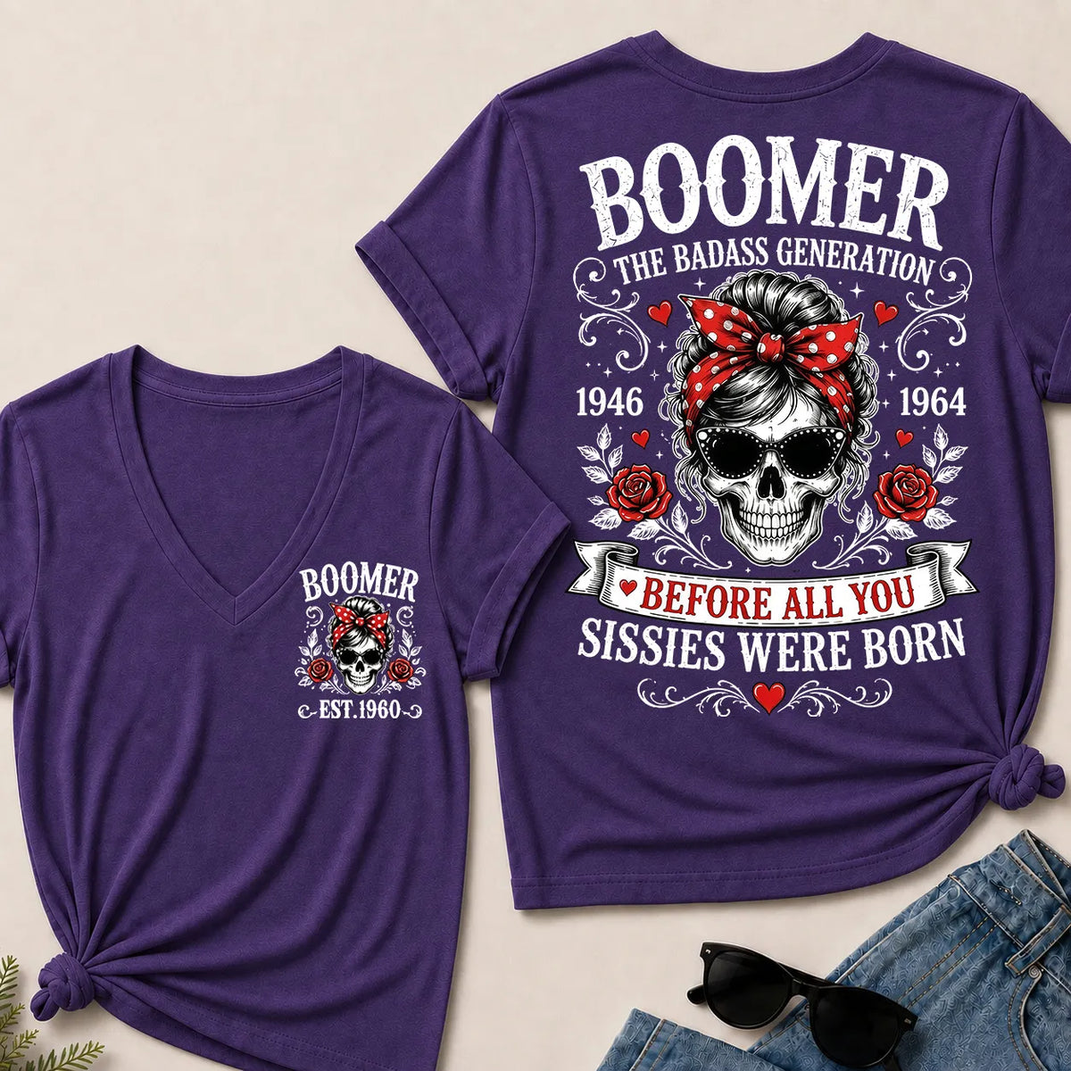 Boomer The Badass Generation – Custom EST. Year Women's V-Neck Tee
